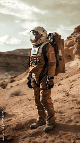 Astronaut standing on an alien desert landscape with a sky background, generative ai © AstralAngel
