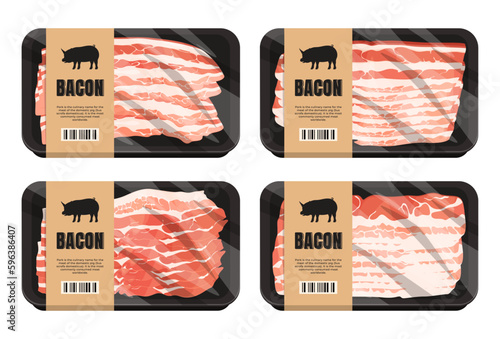 Sliced pieces of bacon are packed in plastic packaging. Delicious juicy pork. Vector illustration