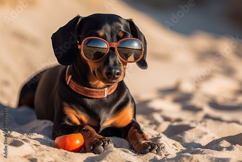 Cute dachshund with sunglasses on seashore at summer vacation, created with Generative AI