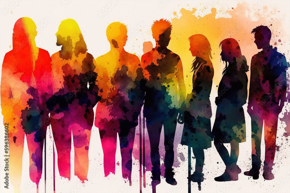 Naklejka premium group of people in abstract watercolor made with generative ai