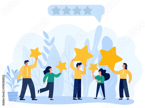 The people characters giving five star feedback represent the importance of customer satisfaction and the role it plays in the success of a business. Reviews stars with good and bad rate. Vector.