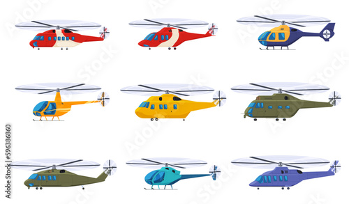 Helicopters of various types for specific tasks. Rescue, civil, military flying helicopters. Transport for transporting people by air. Vector illustration