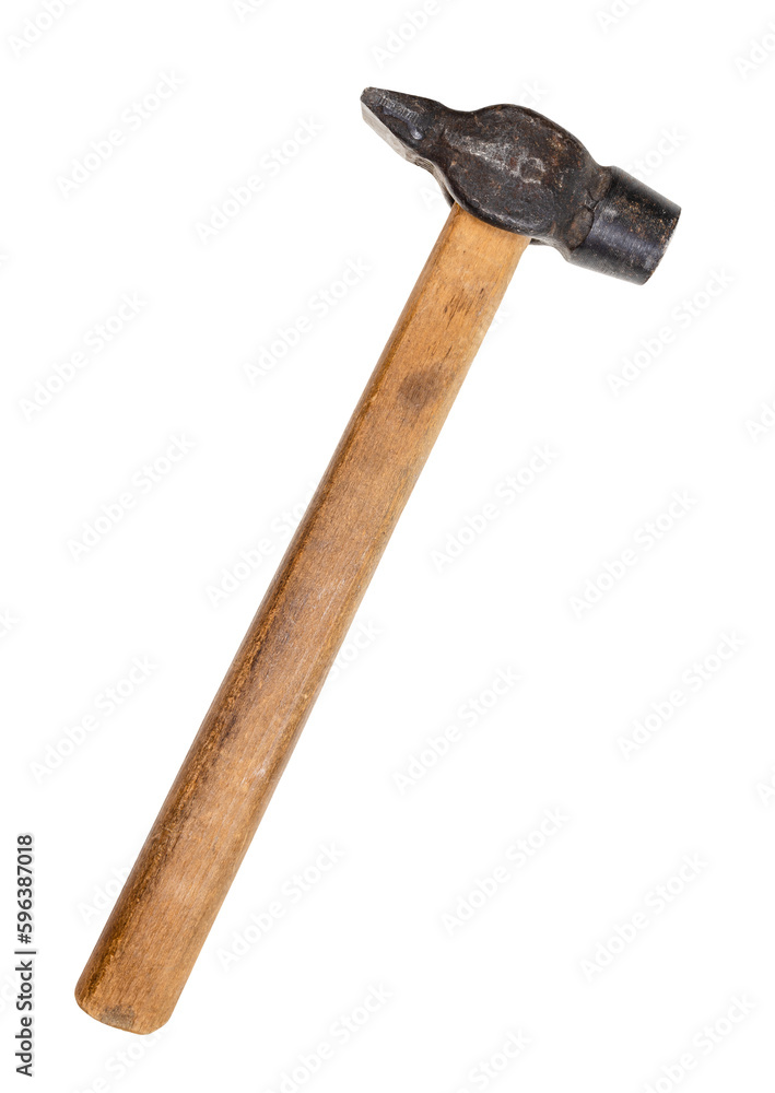 used cross peen hammer with wooden handle isolated on white background