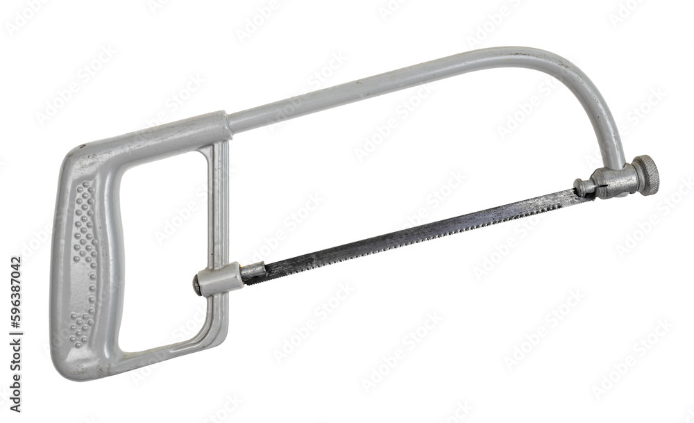 used grey hacksaw for metal with replaceable blade isolated on white background