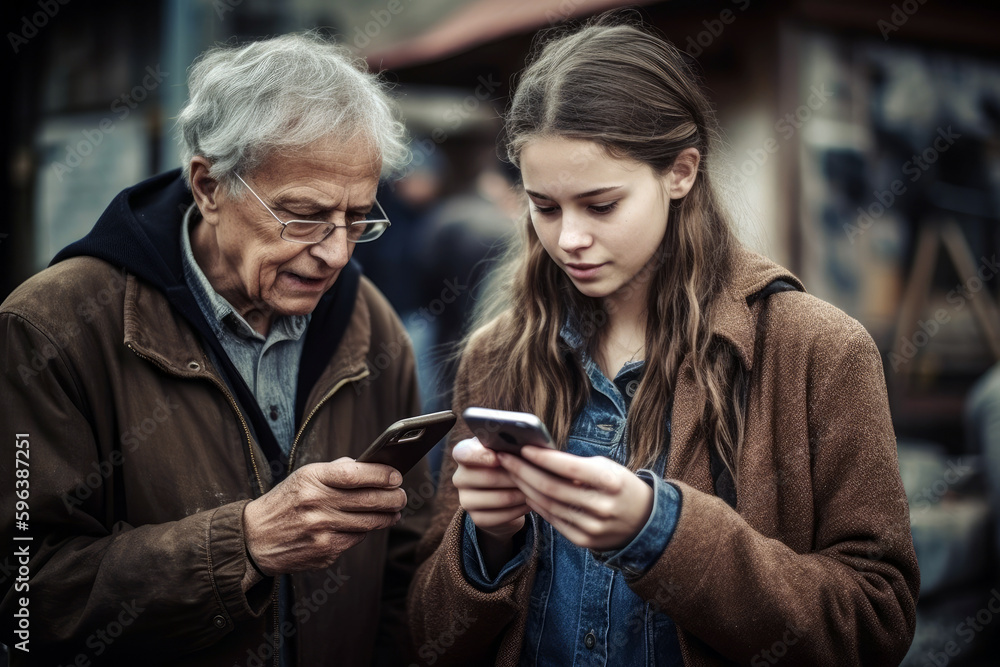 Granddaughter teaches grandfather how to use a smartphone, generative ai - obrazy, fototapety, plakaty 