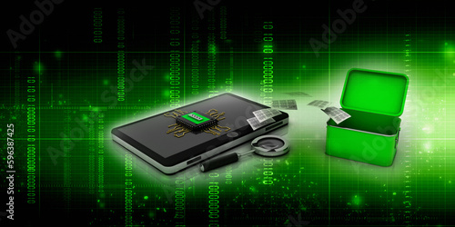 3d rendering microchips on mobile phone search concept