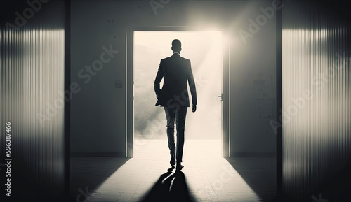 Man in business attire walking through a light-filled opening