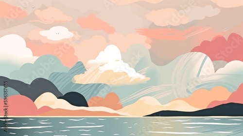 Background for wall art featuring an abstract seascape. clouds, sky, and storm. Design of sea-themed interior decorations, flyers, posters, covers, and banners.The Generative AI
