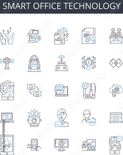 Smart office technology line icons collection. Responsive web design, Advanced algorithms, Digital marketing, Cloud computing, Social media, Wearable technology, Virtual reality vector Generative AI