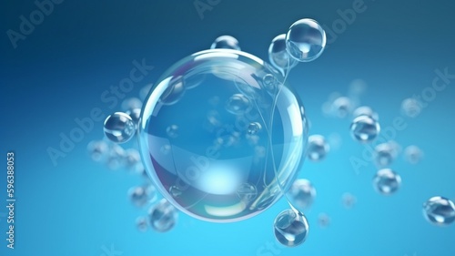 On a blue background, a molecule inside a bubble represents a skin care cosmetics solution. rendering in 3D.The Generative AI