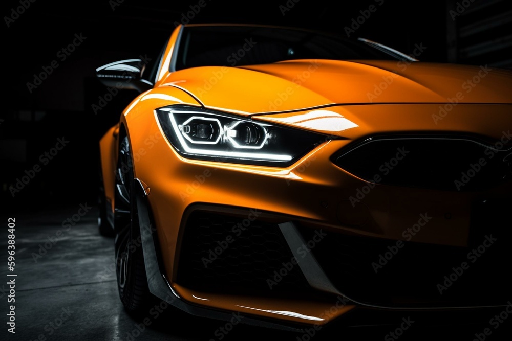 Front lights of an orange custom car on black with space for text. Generative AI