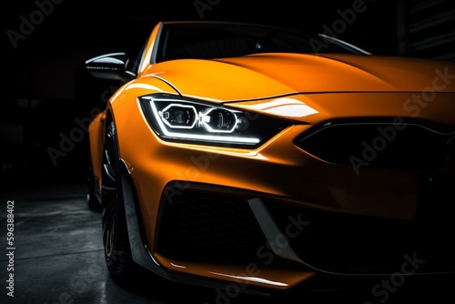 Front lights of an orange custom car on black with space for text. Generative AI © Andromeda