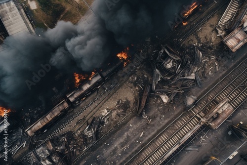 Bird's-eye view of railway accident: trains derailed, explosion occurred, emitting dark smoke. Generative AI