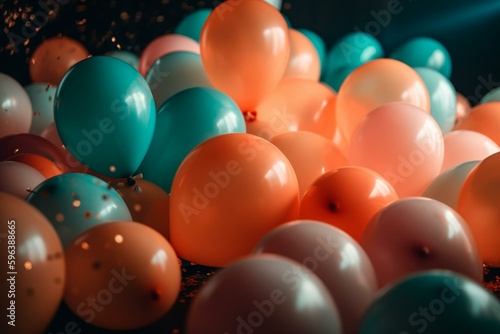 Vibrant coral  orange  and aqua balloons for a birthday celebration. Playful wallpaper. Generative AI