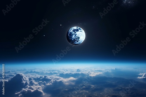 Enchanting view of distant space featuring the moon and Earth s clouds. Generative AI