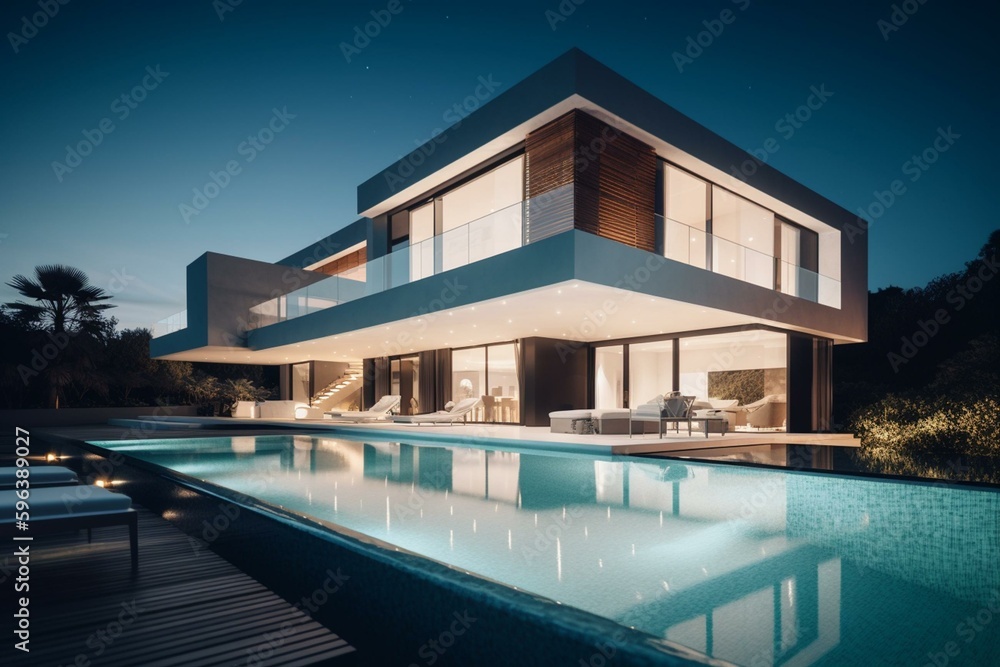 A contemporary luxurious villa featuring a stunning pool design. Digital artwork for properties, houses, and homes. Generative AI