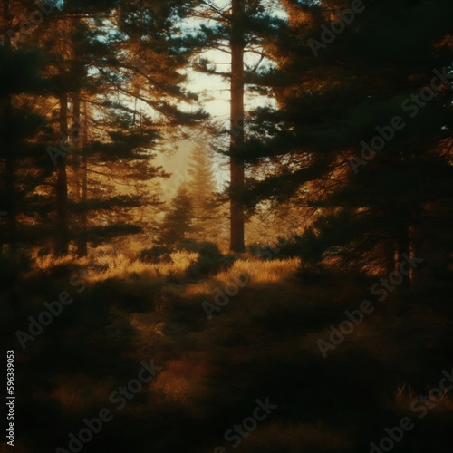 A forest of pine trees beautiful - Cinematic view of sunset in the woods