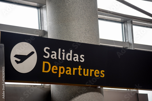 Departures sign at the Bogota airport. Colombia.