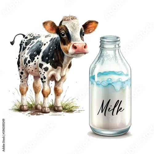 Sketch cow with milk watercolor. Vector summer illustration. Vector hand drawn illustration. Vector art illustration. White background. Isolated vector illustration. Natural background.