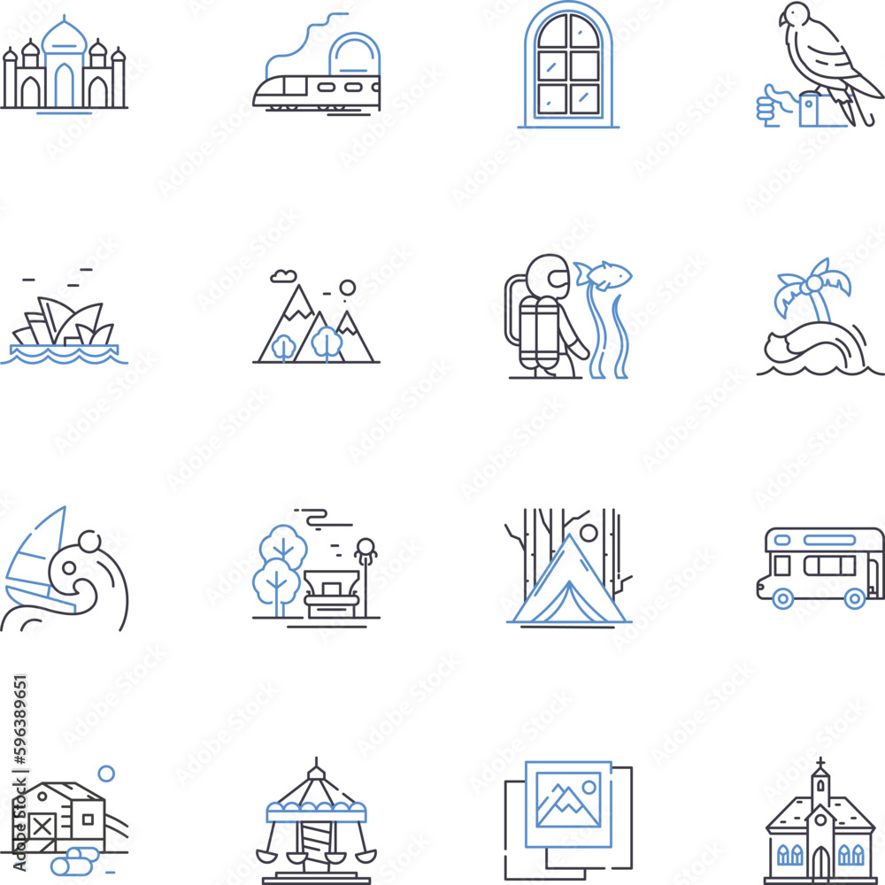 Intercontinental sightseeing line icons collection. Adventure, Culture, History, Landmarks, Architecture, Wonders, Exploration vector and linear illustration. Diversity,Heritage,Icons Generative AI