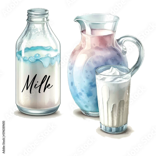Watercolor Breakfast Milk bottle hand draw vector