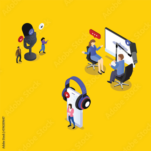 people listening and recording audio podcast 3d isometric vector illustration concept for banner, website, landing page, ads, flyer template