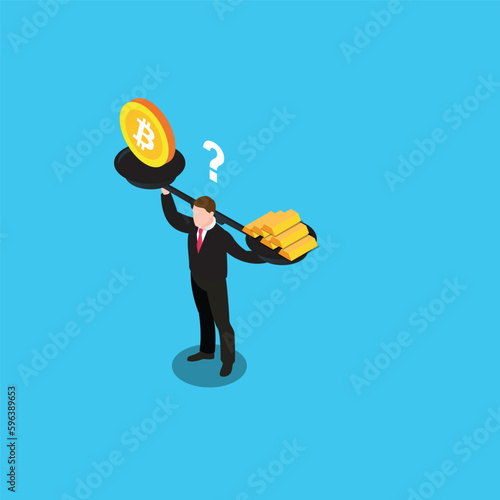 Gold vs Bitcoin - clueless investor 3d isometric vector illustration concept for banner, website, landing page, ads, flyer template