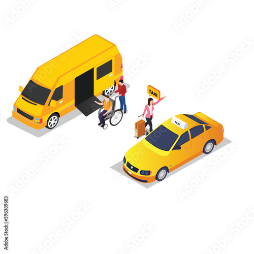 Yellow Cab Help to Disabled Passenger on Wheelchair 3d isometric vector illustration concept for banner, website, landing page, ads, flyer template