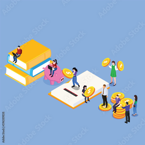 Student characters investing money in education and knowledge 3d isometric vector illustration concept for banner, website, landing page, ads, flyer template