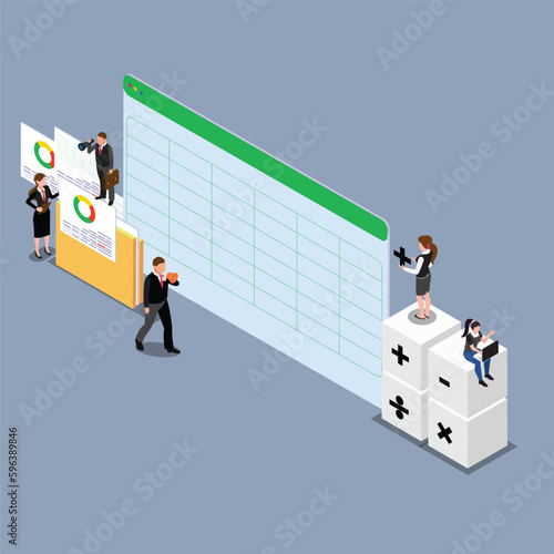 Software for accounting with sheet, formula, calculator 3d isometric vector illustration concept for banner, website, landing page, ads, flyer template