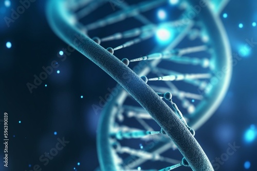 An abstract blue biotechnology background depicting the DNA structure with double helix in 3D illustration. Generative AI
