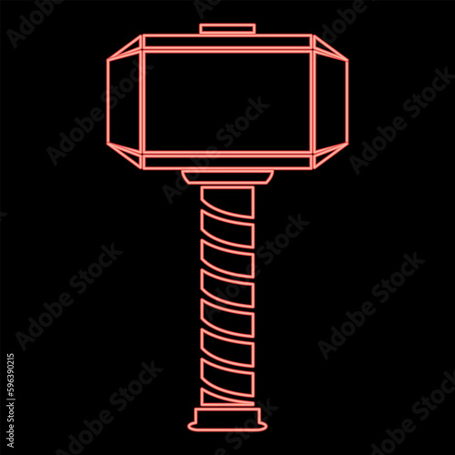 Neon thor's hammer Thor Mjolnir viking scandinavian mythology superhero norse weapon red color vector illustration image flat style