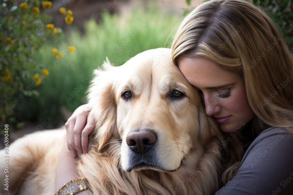 A blonde woman hugged her dog, a golden retriever, already old. Ai generated.