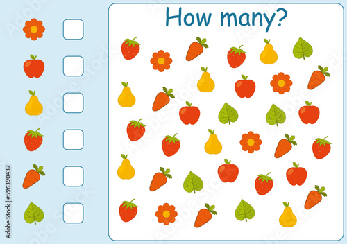  I spy game for kids.How many  fruits and vegetables  are there. Math game for kids. Printable worksheet for preschoolers. Vector