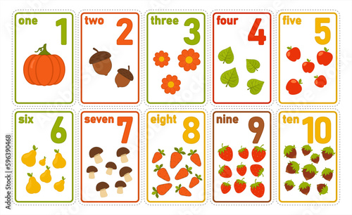 Printable numbers flashcards with vegetables and fruits for preschool learning. Math for kids from 1 to 10. Cartoon style vector count flash cards. Vector