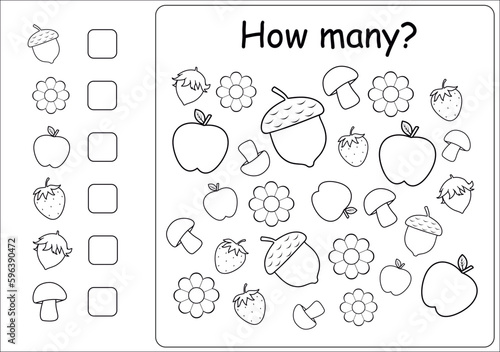  I spy game for kids.How many fruits and vegetables are there. Math game for kids. Printable worksheet for preschoolers.Math worksheet for kids. Coloring page. Black and white. Vector