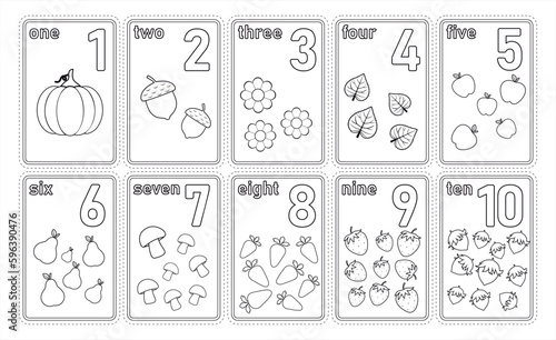 Printable numbers flashcards with vegetables and fruits for preschool learning. Math for kids from 1 to 10. Cartoon style vector count flash cards. Coloring page. Vector