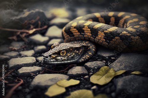Dangerous looking snake hidden among the leaf litter. Ai generated.