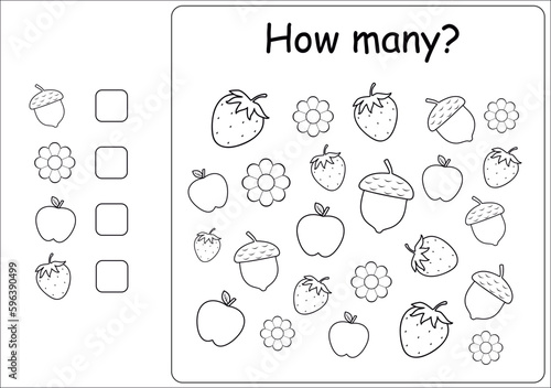  I spy game for kids.How many fruits and vegetables are there. Math game for kids. Printable worksheet for preschoolers.Math worksheet for kids. Coloring page. Black and white. Vector