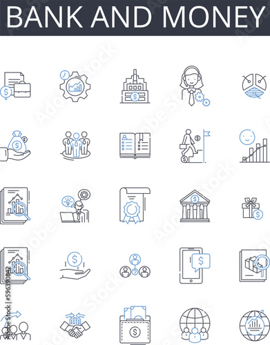 Bank and money line icons collection. Financial institution  Cash  Finance  Wealth  Capital  Investment  Fund vector and linear illustration. Currency Savings Deposit outline signs set Generative AI