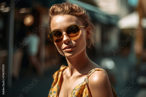 A fictional person. Radiant woman basking in the sunlight on a hot summer day © Dangubic
