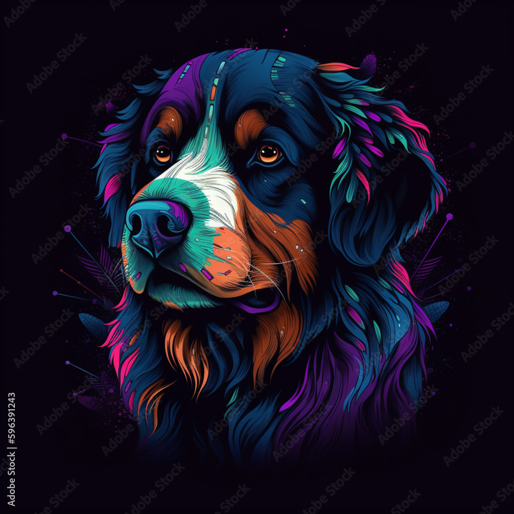 portrait of a dog Bernese with colorful , Vector t-shirt print. Vector illustration on black background, Generative Ai