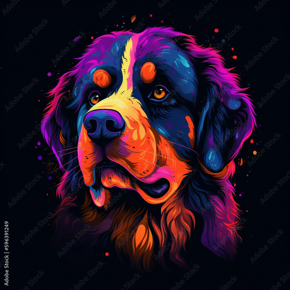 portrait of a dog Bernese with colorful , Vector t-shirt print. Vector illustration on black background, Generative Ai