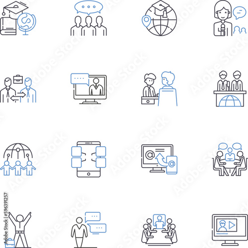 Showcasing line icons collection. Displaying, Exhibiting, Flaunting, Presenting, Promoting, Highlighting, Featuring vector and linear illustration. Demonstrating,Showcasing,Unveiling Generative AI