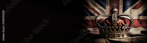 фотография England king, British flag and crown, illustration of Crown Jewels of the United Kingdom