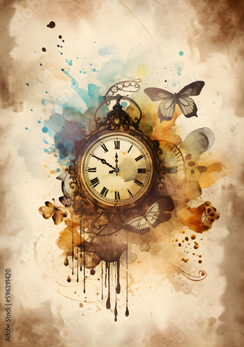 Vintage grunge background with clock, butterflies and splashes.