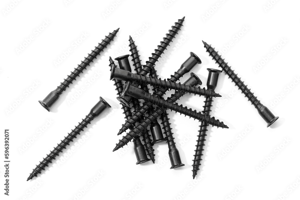 Group of black Assembly wood screws isolated on white background Group of black Assembly wood screws isolated on white background