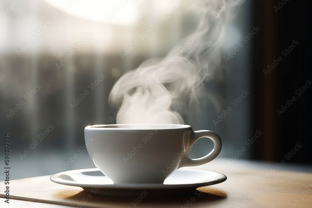 White Coffee Cup on Wooden Table Top with Living Room Background. Copy Space for Home Concept White Coffee Cup on Wooden Table Top with Living Room Background. Copy Space for Home Concept