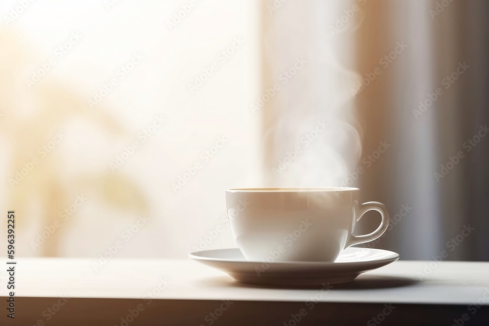 Fototapeta premium White Coffee Cup on Wooden Table Top with Living Room Background. Copy Space for Home Concept