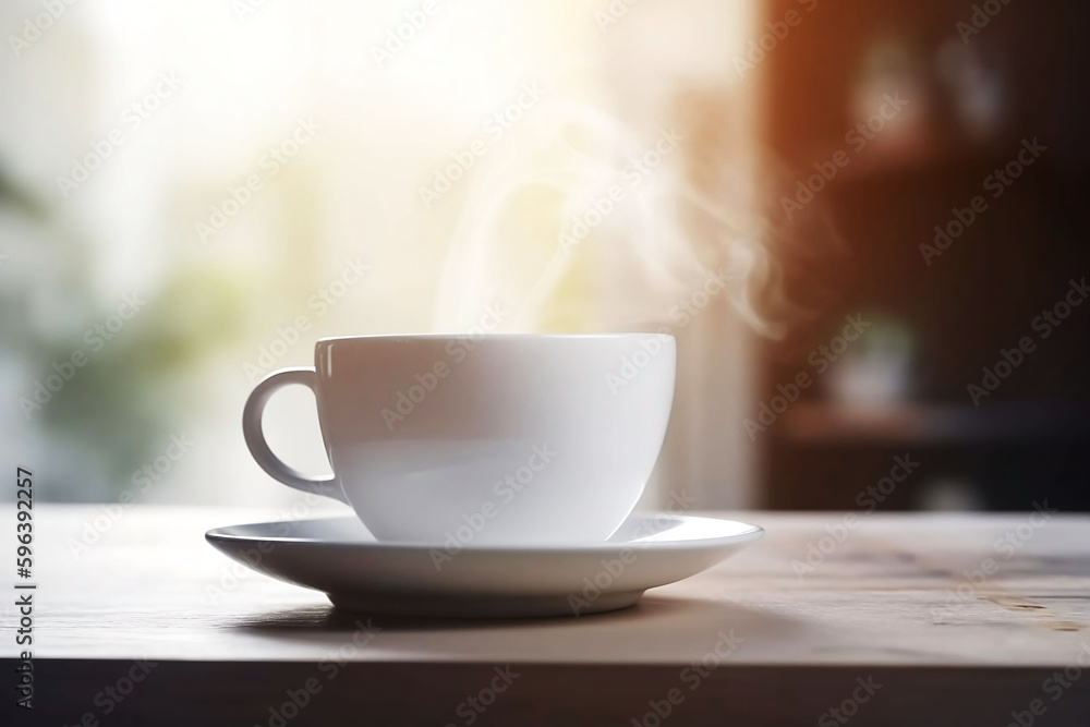 White Coffee Cup on Wooden Table Top with Living Room Background. Copy Space for Home Concept